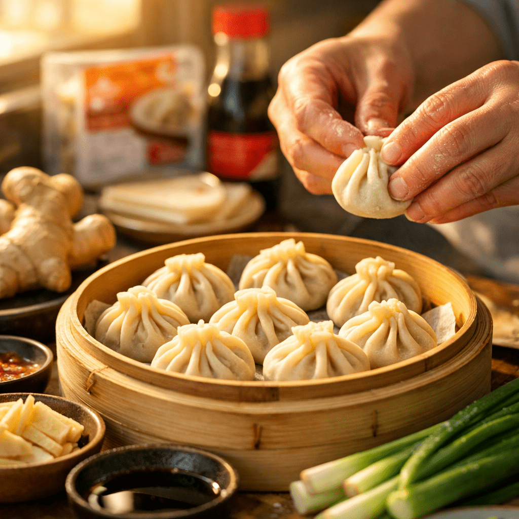 A close-up photo style image of hands preparing Chinese dumplings at a modern kitchen counter