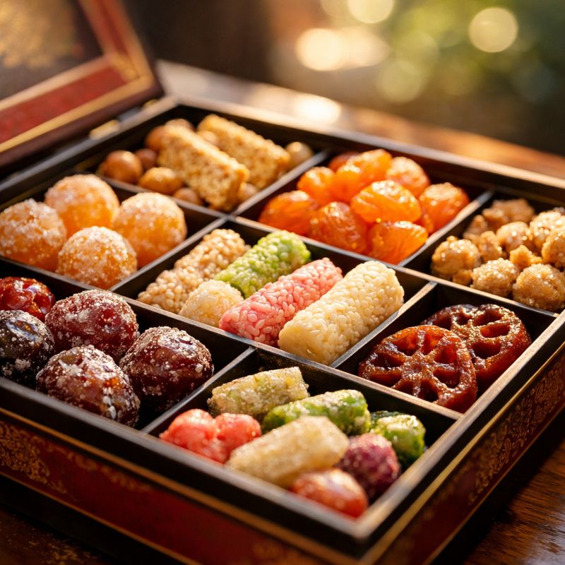 An elegant Chinese snack box opened on a wooden table, revealing an artfully arranged collection of colorful traditional snacks including preserved plums, rice crackers, and dried fruits, shot with macro lens, natural window lighting, warm afternoon sun, intricate details visible on each snack, shallow depth of field, bokeh effect in background.