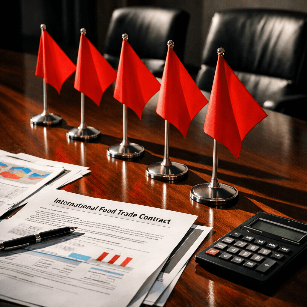 Five red warning flags arranged dramatically on a polished conference table with business documents and a calculator, international food trade contracts visible