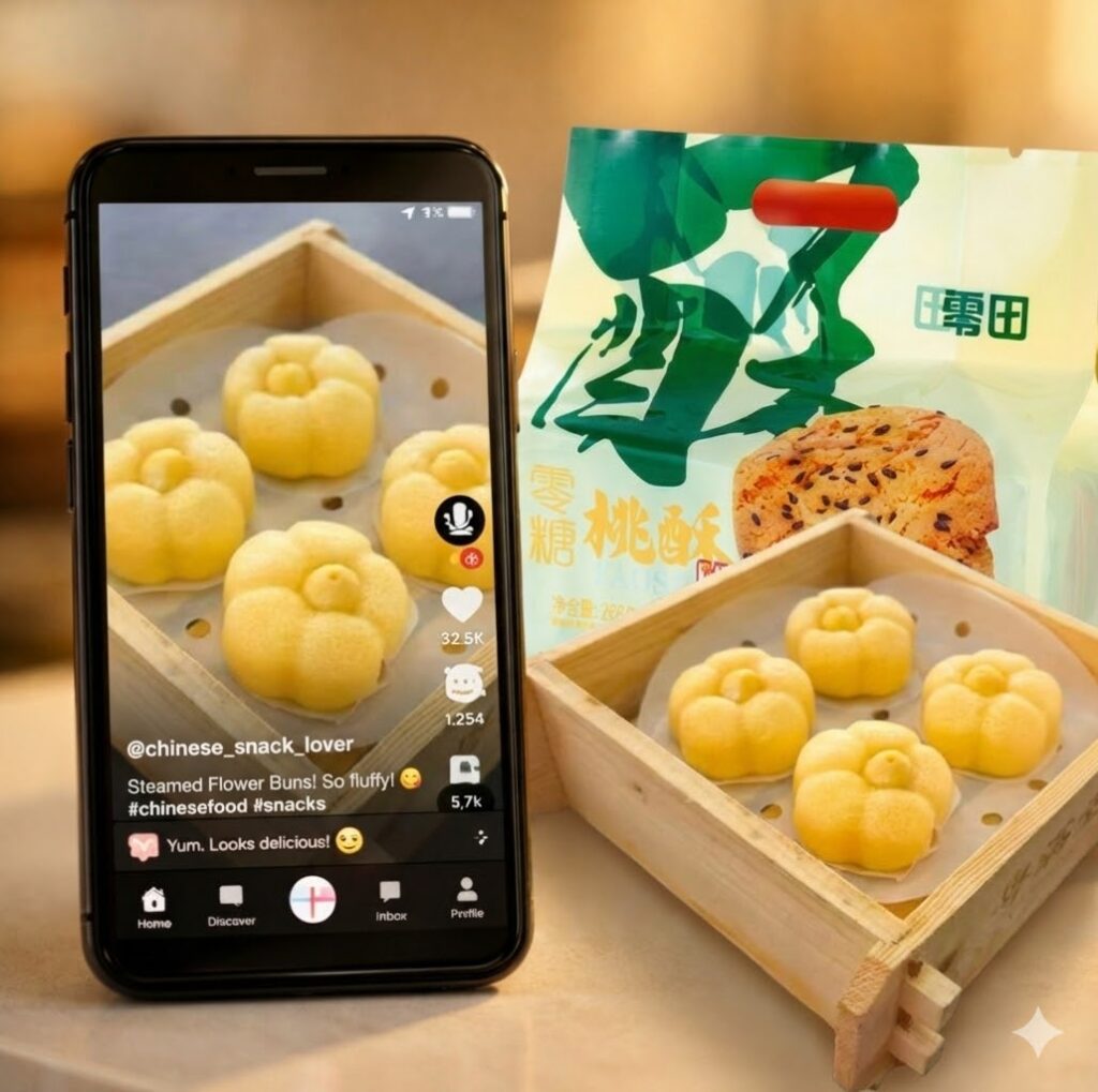 Close-up photo of a smartphone screen displaying TikTok app with a food video playing, next to actual Chinese food products on a clean white retail counter - traditional lotus seed made snack.