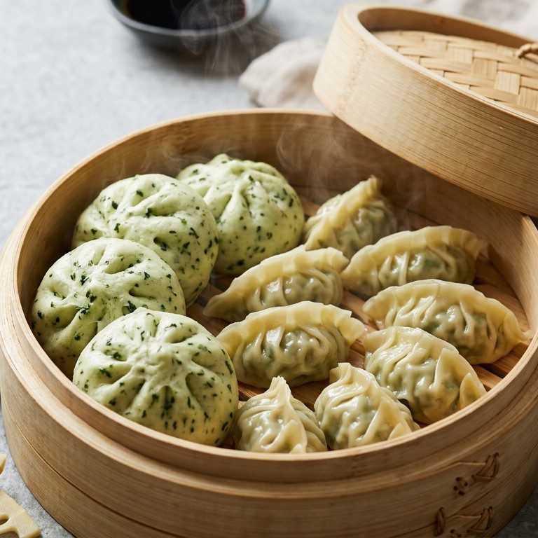 Bamboo steamer filled with kale-flecked vegetarian steamed buns and pleated dumplings, garnished with fresh kale leaves and sliced bamboo shoots, illustrating the new formats bringing vegetarian variety to international frozen retail.
