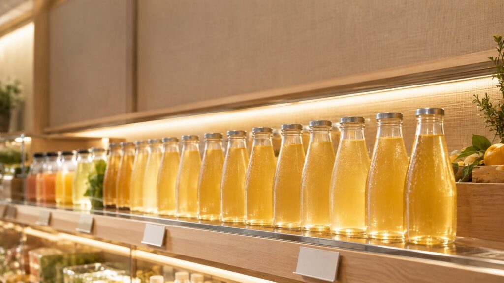 "Unbranded bottles of juice in a warmly lit chilled retail display case, illustrating the narrow window of remaining shelf life a clean label product has once it reaches the shelf."