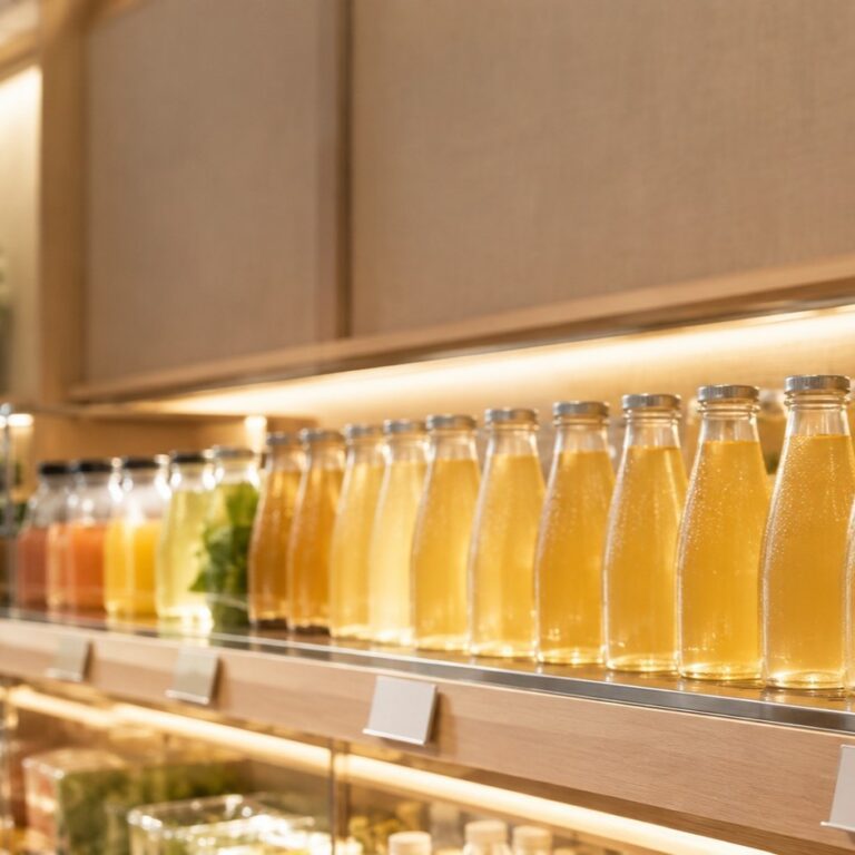 Unbranded bottles of juice in a warmly lit chilled retail display case, illustrating the narrow window of remaining shelf life a clean label product has once it reaches the shelf