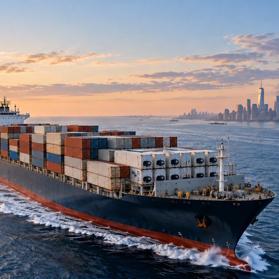 Container ship carrying refrigerated and dry containers towards the New York skyline at sunrise, representing Chinese food exports travelling to the US market.